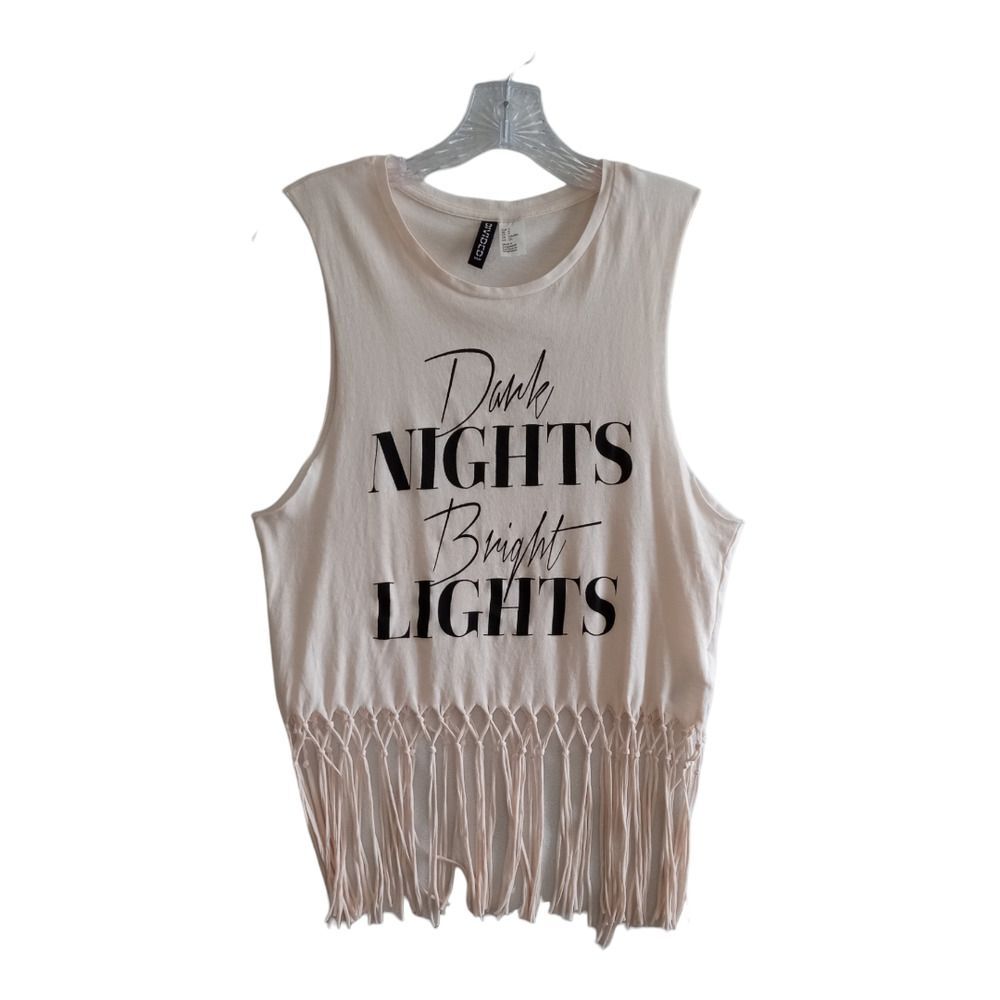 H & M  Fringed Cropped Top T Shirt Small Off White Dark Night Bright Lights